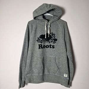 Roots Canada Beaver Logo Hoodie Gray Salt & Pepper Pullover Sweatshirt Size M
